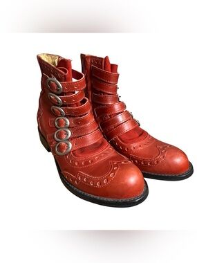 John Fluevog Adrians Alli Red Leather Buckle Boots Women Size 6.5
